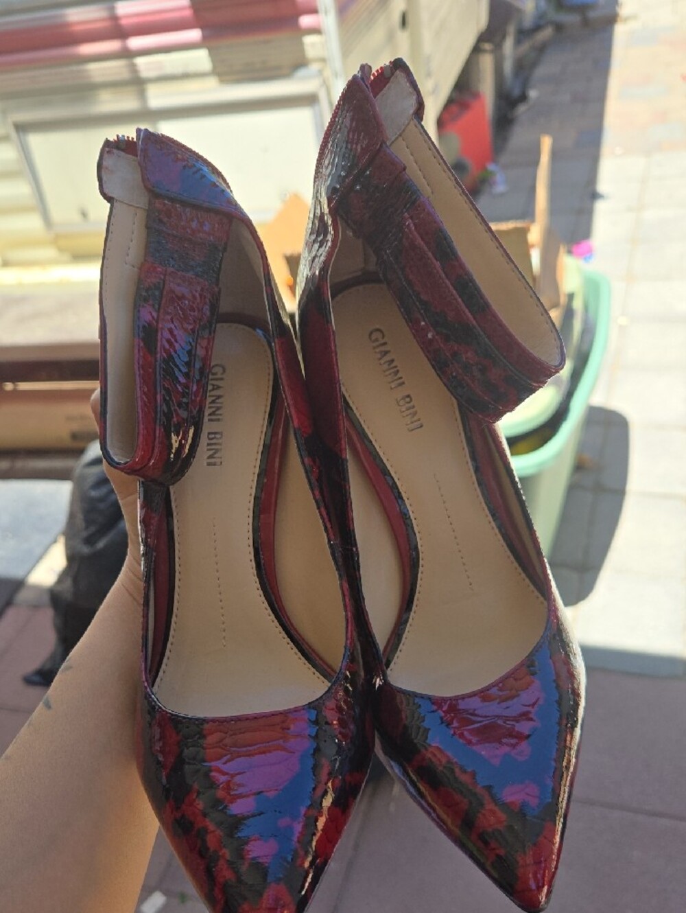 Gianni Bini Red and Black Patent Pointed-Toe Ankle-Strap Heels - Picture 4 of 5